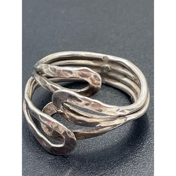 Sterling Silver 925 Artisan Hammered Loop Wrap Organic Shaped Bypass Ring Sz 8 - Picture 10 of 14
